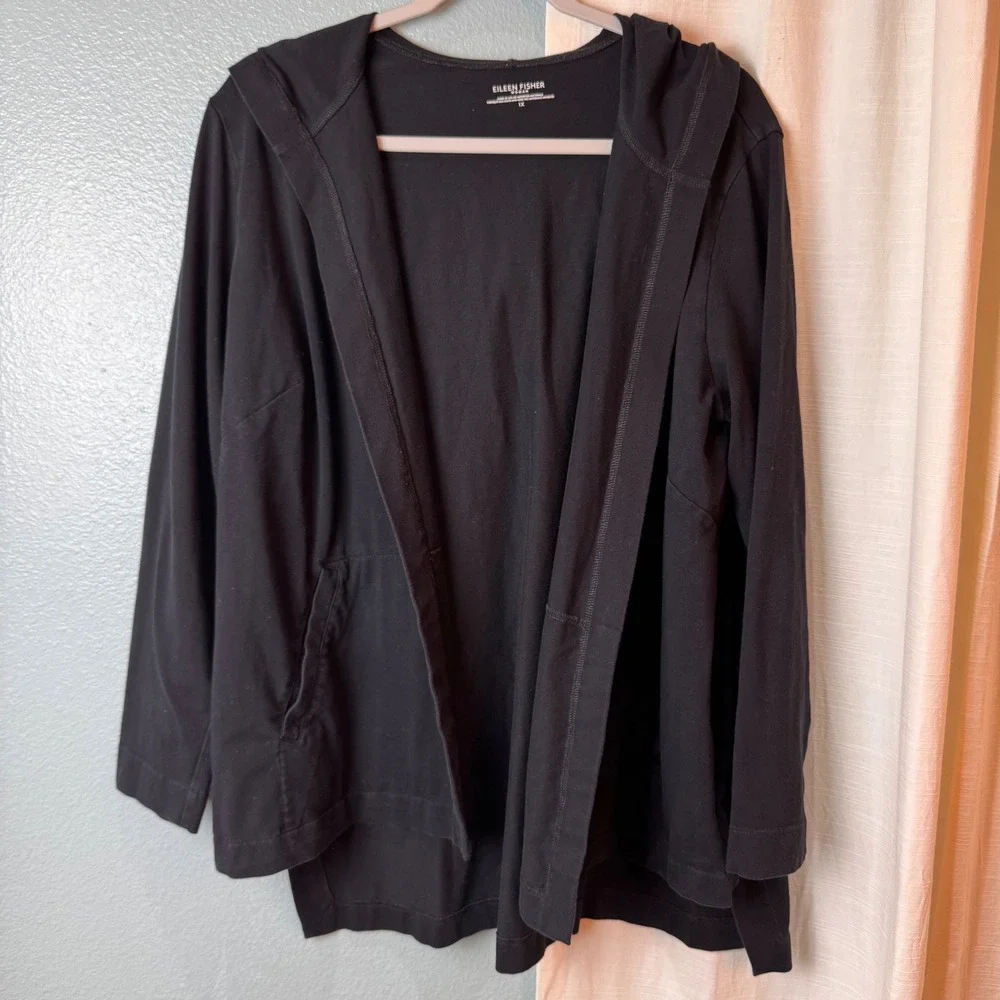 Eileen Fisher Cardigan Womens 1X Black Hooded‎ Open Front Organic Cotton Stretch